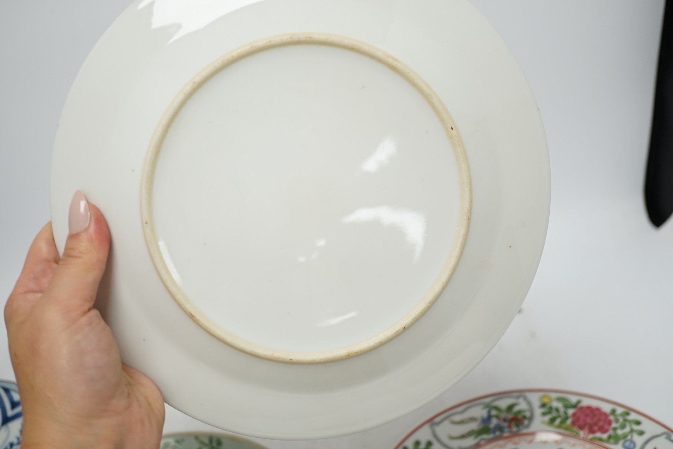 Six various Chinese plates including three 19th century celadon ground plates, largest 23cm diameter. Condition - fair